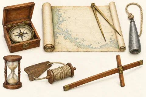 Compass, invented chart and dividers, sounding weight, log and sandglass, and a simple cross-staff type study.