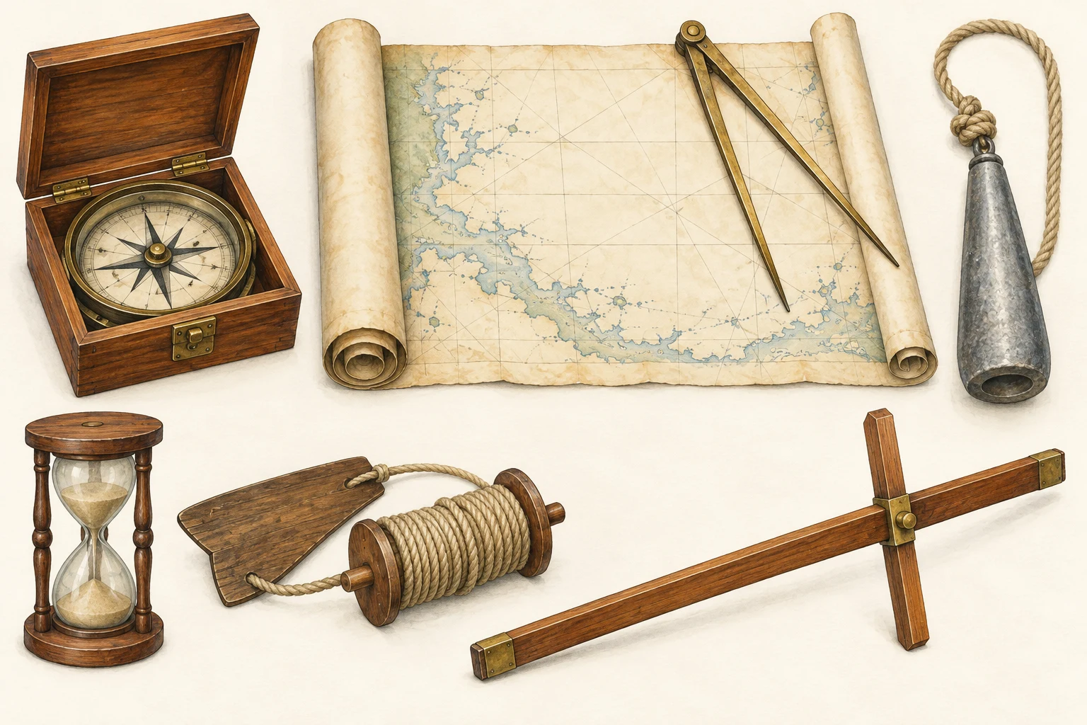Compass, invented chart and dividers, sounding weight, log and sandglass, and a simple cross-staff type study.
