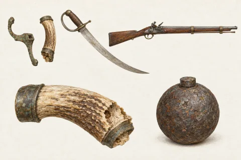 Generic guard and antler grip fragments beside a lighter reconstructed hanger and a complete firearm type, with enlarged grip and grenade studies.